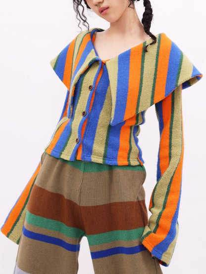 Large Lapel Stripe Short Knit Cardigan X1942