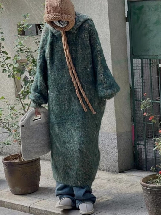 Boa knit hoodie long dress X1952