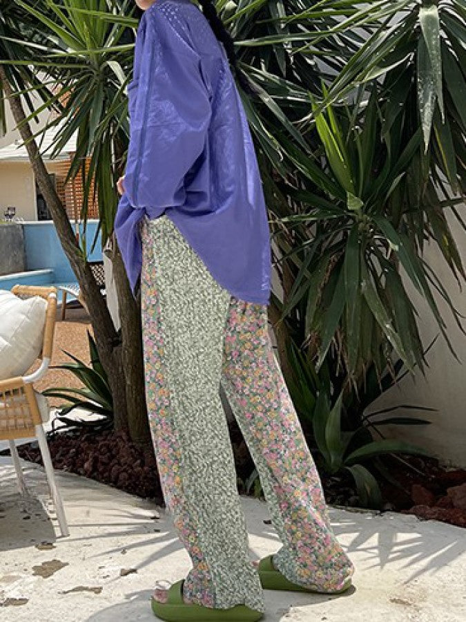 Bicolor Floral Stitch Casual Straight Pants X2235 