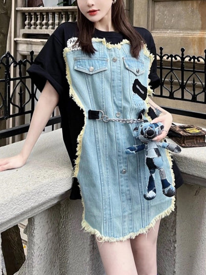 Denim Bare Top Apron Patchwork Oversized T-shirt X2243