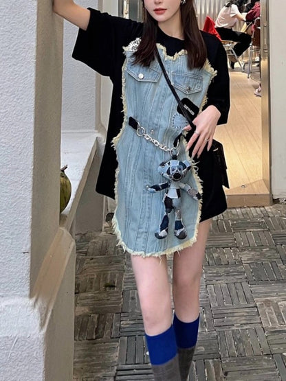 Denim Bare Top Apron Patchwork Oversized T-shirt X2243