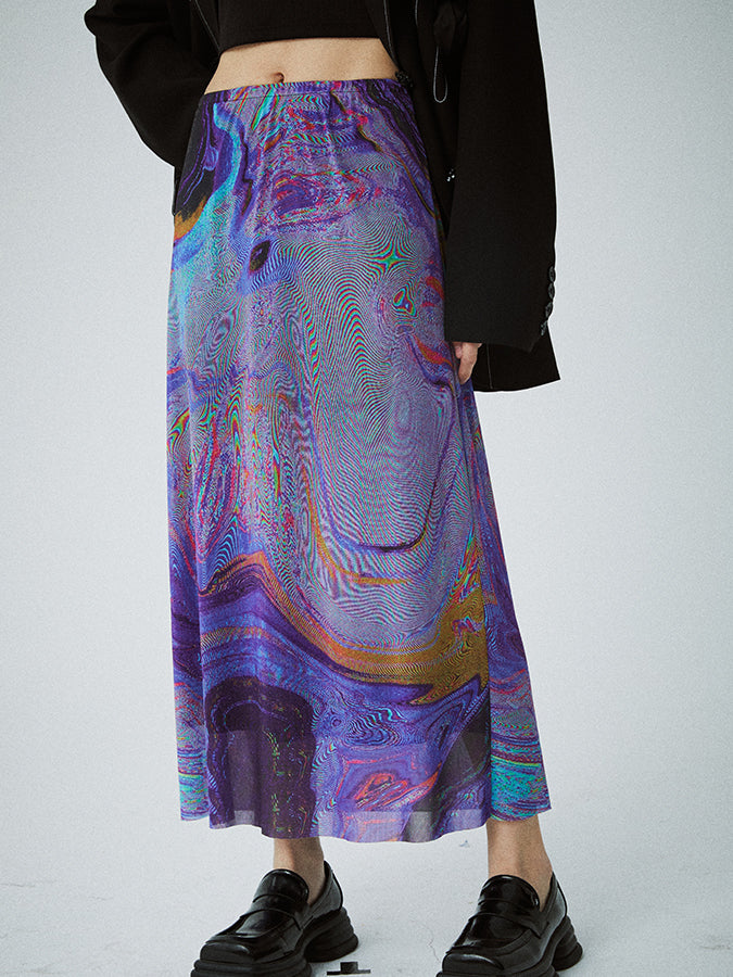 Psychedelic color mesh long A-line skirt X481