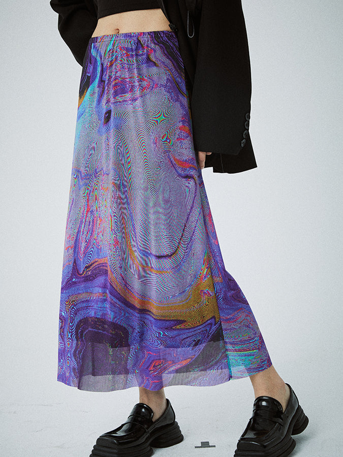 Psychedelic color mesh long A-line skirt X481