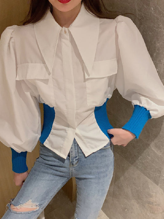 Contrast Lantern Sleeve Slim Waist Shirt X615