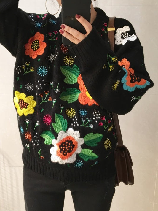 Floral embroidery round neck sweater X669