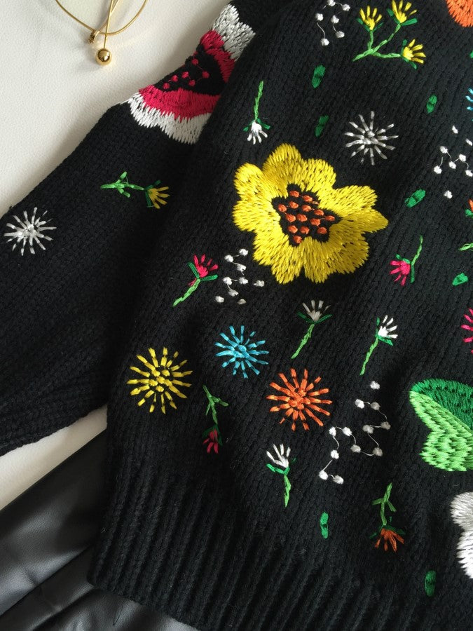 花柄刺繍ラウンドネックセーター X669 – XTYLINGS
